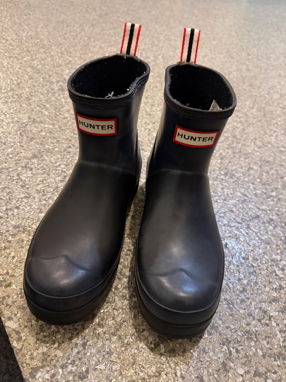 Hunter Black Short Rain Boots with Red-Trim Logo
